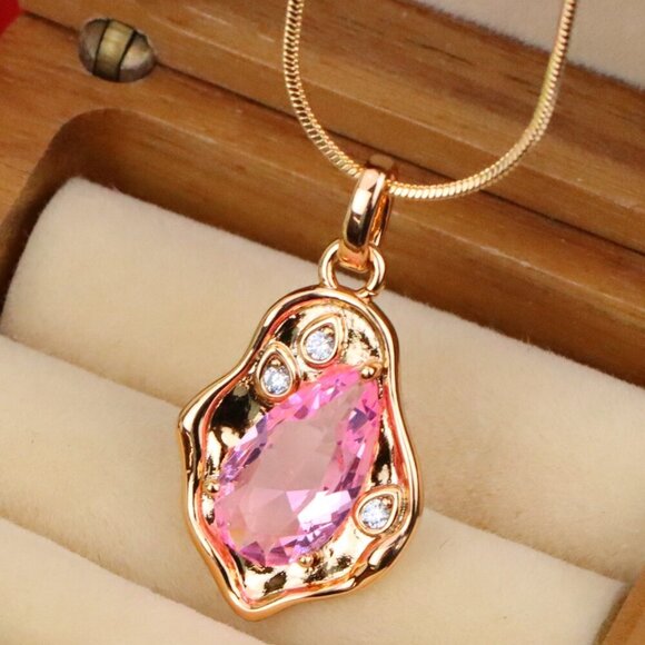 "Delicate Pink Teardrop Pendant in Gold Plated Artistic Frame, XPPT1730 - Picture 1 of 13